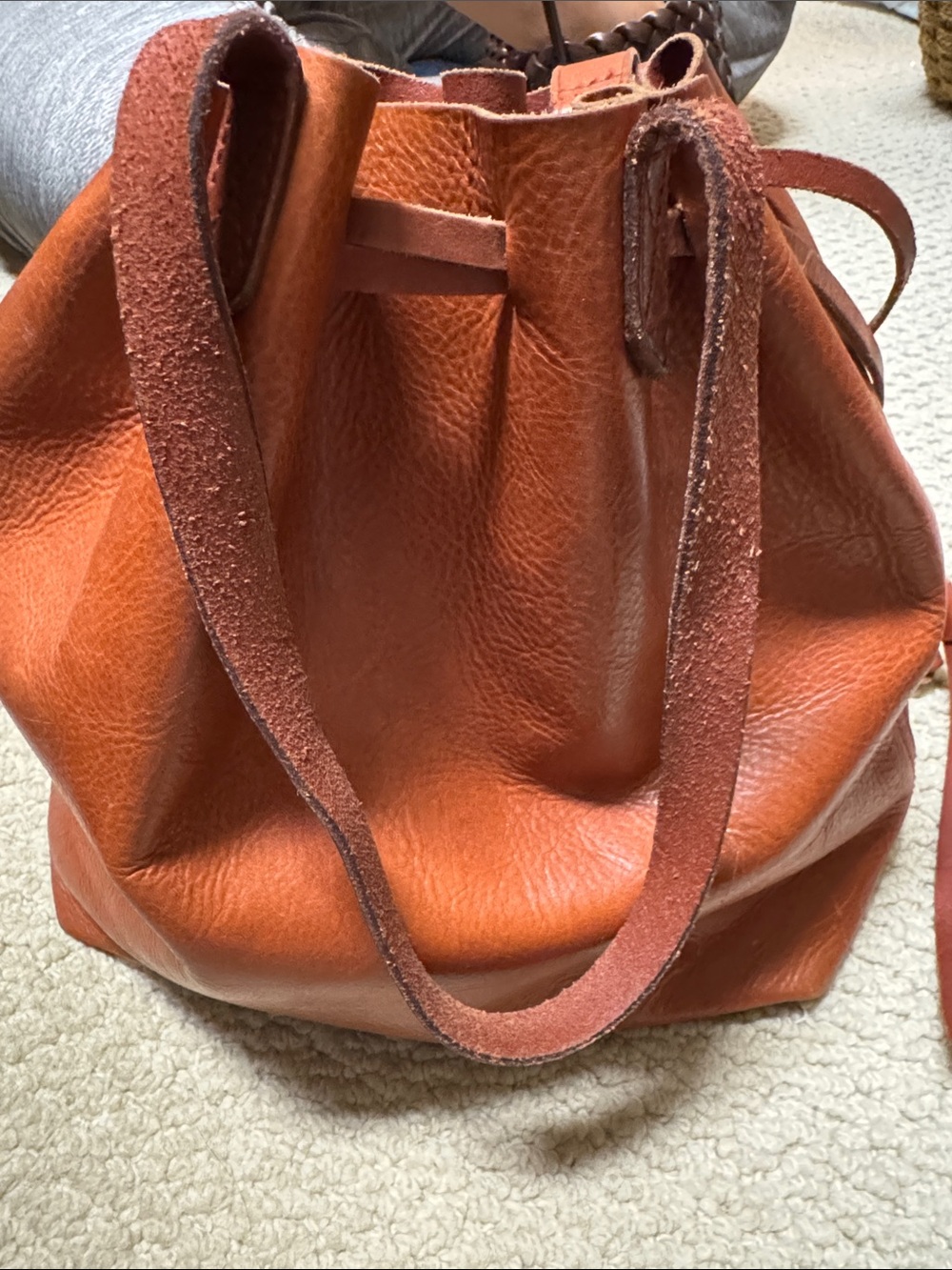 Madewell Leather Bucket Shoulder Bag in Rust Orange